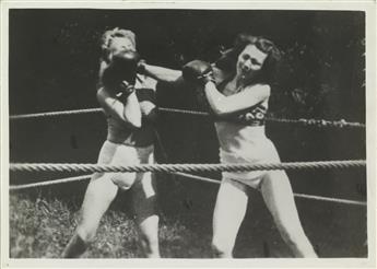 (WOMEN--FIGHTING) A group of approximately 58 female boxing and wrestling photographs attributed to Bernard Kobel.